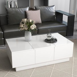 Multifunctional Coffee Table with 2 Large Hidden Storage Compartment, Extendable Cocktail Table with 2 Drawers, High-Gloss Center Table with Sliding Top for Living Room, 39.3"x21.6", White