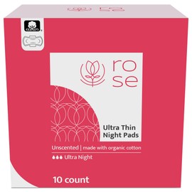 Rose Organic Pads - Ultra Thin Night Pads with Wings, Ultra Absorbent, Organic Cotton Topsheet, Unscented - 10 Count (Pack of 1)