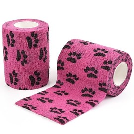 AUPCON Vet Wrap Cohesive Bandages Bulk Self Adhesive Bandage Wrap Self Adherent Wrap Non-Woven for Dogs Pet Animals & Ankle Sprains & Swelling 2 Inch x 5 Yards (2 Pack Pink Paws)