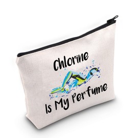 G2TUP Swimming Gift Chlorine Is My Perfume Makeup Bag Swimmer Cosmetic Bag Swim Lover Gift Swimming Team Gift Swimming Coach Zipper Travel Pouch (Chlorine Is My Perfume White Bag)