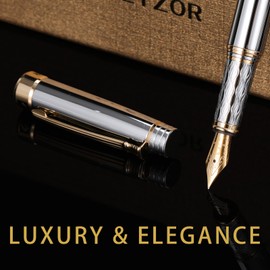 Keyzor Luxury Fountain Pen - Fancy Si(Silver) Pen, 24K Gold Plated Fine Point, Dual Use Converter Gift Case, Journaling, Calligraphy, Smooth Writing Pen for Women & Men