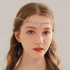 Chargances Bridal Rhinestone Forehead Head Chain Boho Crystal Teardrop Headpiece Wedding Festival Hair Accessories for Women Gift