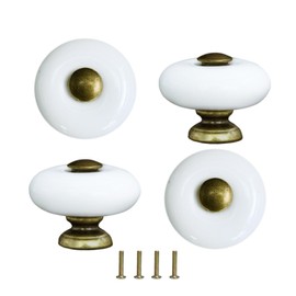 AUXBC 1.3" Ceramic Round Knobs, Antique Brass and Ceramic Cabinet Knobs, White Furniture Knobs, Single Hole Drawer Handle Pulls for Drawer Closet Dresser Cupboard Wardrobe Door Kitchen, 4Pcs