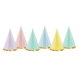 PartyDeco Cone Caps – Pack of 6 Pastel-Coloured Party Hats with Gold Piping, Ideal for Birthdays and Celebrations