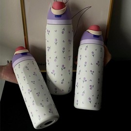 Tulip Pattern Vacuum Flask, 1 Count 24oz/32oz/40oz Stainless Steel Insulated Water Bottle with Straw, Drinking Cup for Home Office School Outdoor, Drinkware:_Purple oil painting Tulip - white cup body_40oz