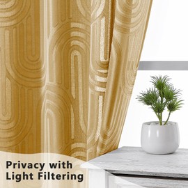 Simplebrand Gold Semi Sheer Curtains 84 Inches Long 2 Panels, Soft Airy Light Filtering Jacquard Clip Textured Semi Sheer Curtains for Living Room, Modern Elegant Rod Pocket Window Panels, 42" Wx84 L