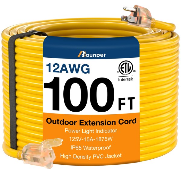 BBOUNDER Outdoor Extension Cord 100 FT Waterproof, 12/3 SJTW Heavy Duty 15A 1875W, Flexible 100% Copper 3 Prong Cords for Commercial Use and High Power Appliance, Yellow, ETL Listed