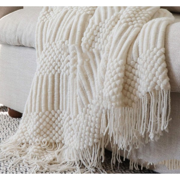 ADASMILE A & S Blanket, Large, Single Knit, Summer Winter Throw Stylish, Knit, Cute, Northern Europe, Warm, Fluffy Blanket, Cold Protection, Half Blanket, Washable, Washable, All Seasons, Fringe, White, 50.0 x 60.2 inches (127 x 153 cm)