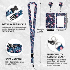 Lanyard with Card Holder, Adjustable Retractable Lanyards ID Badge Holder, for ID Card, Office, School(Pink Blue Flower)