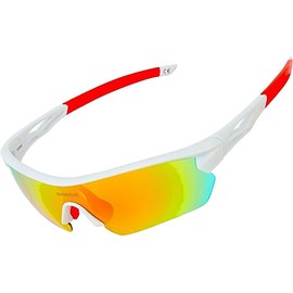 JOGVELO Cycling Sunglasses, Sport Sunglasses Polarized for Men UV400 Protection with 5 Interchangeable Lens for Cycling Running Baseball Golf, White&Red