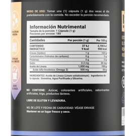 Aceite de Linaza Puro Omega 3 180 Cápsulas. Ingredientes naturales: Ácido Alfa Linolénico. Omega 3 Flaxseed Oil B Life.