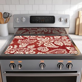 Electric Stove Top Cover,Red Indian Floral Heat Resistant Rubber Glass Ceramic Stovetop Protector Mat, Rubber Dish Drying Mat 28.5'' x 20.5''