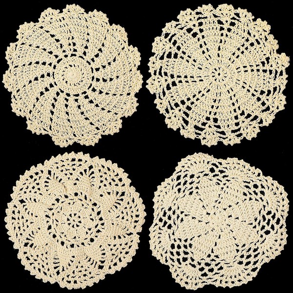 4 Pieces Lace Doilies Crochet Round Lace Placemat Handmade Lace Coasters Vintage Crochet Doilies for Kitchen Dining Room Party Wedding Tableware Dressers Dream Catcher Decoration 7 Inch (Beige)