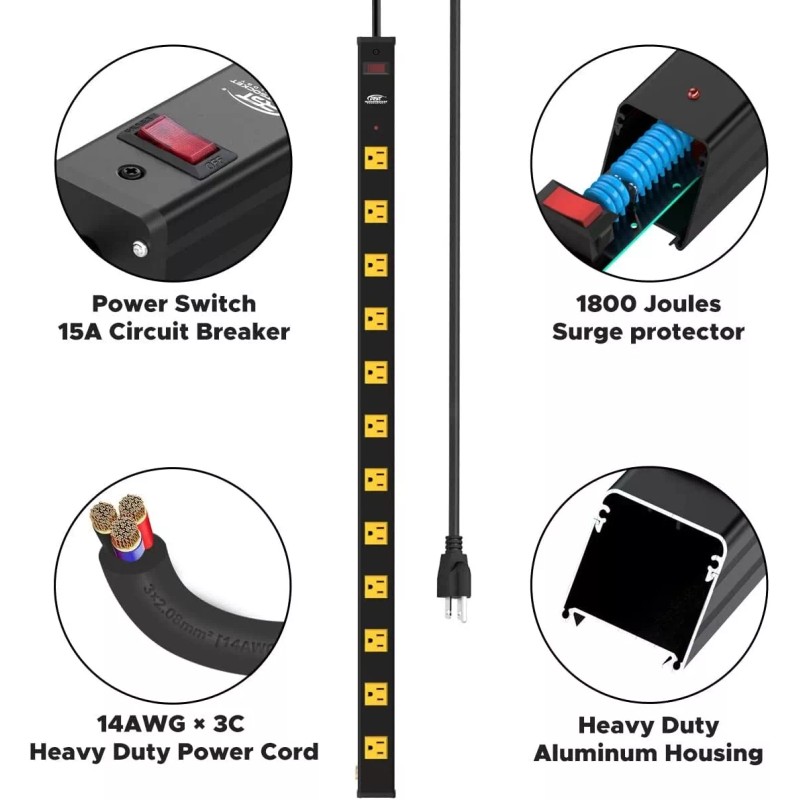 CRST 12-Outlet Heavy Duty Surge Protector Power Strip Bar 1800