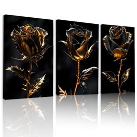 SBYBJM 3Pcs Abstract Flowers Canvas Wall Art, Black Plant Pictures Wall Decor, Black Gold Rose Painting for Living Room Bedroom Bathroom Office Home Decoration(Black Gold Rose Painting, 12*16inch, Framed)