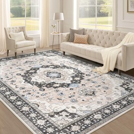 EIEIHOUSE Area Rugs for Living Room: Washable 9x12 Living Room Rug Large Soft Vintage Floral Farmhouse Indoor Retro Area Rugs for Bedroom Dining Room Home Office - Pink/Dark Green