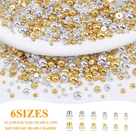 2 Boxes Silver Gold Half Pearls Beads, Mixed Sizes Flatback Nail Beads, Small Half Round Caviar Bead Nail Gems, 3D Nails Pearl Charms Bead for Manicure Ornament Face Body Makeup