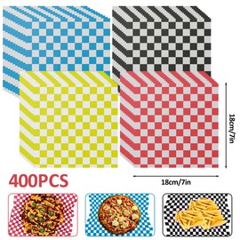 400Pcs Greaseproof Paper Liners Food Grade Sandwich Paper Wraps Checkered Food Wrapping Paper Reusable Paper Basket Liner Multipurpose Paper Sheets for BBQ Picnic Festival Party Fast Food 18x18cm