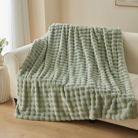 NEWCOSPLAY Faux Fur Throw Blanket Sage Green Bubble Blanket Thick Warm Soft for Couch Sofa Bed 550GSM (Sage Green, Throw(50"x60"))