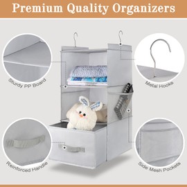 LayerSpace 2 Pack Hanging Closet Organizer 3-Shelf, Large Size Hanging Shelves for Closet with Divisible Drawer & Side Pocket, Linen, 12.2" D x 12.2" W x 27.9" H, Light Grey