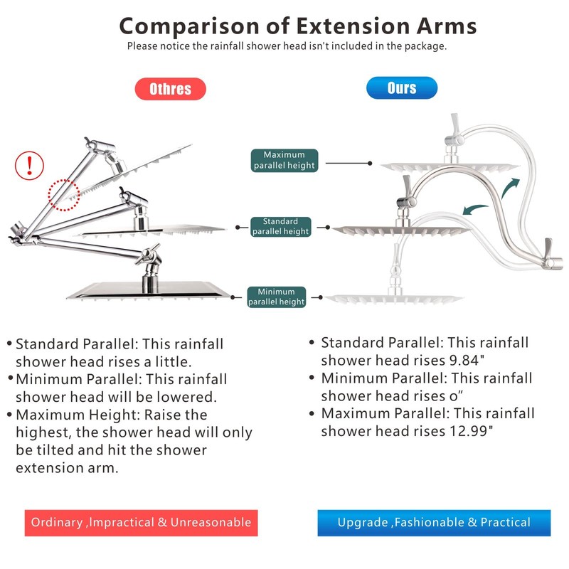 Voolan All Metal Shower Head Extension Arm, 14 Inch Curved