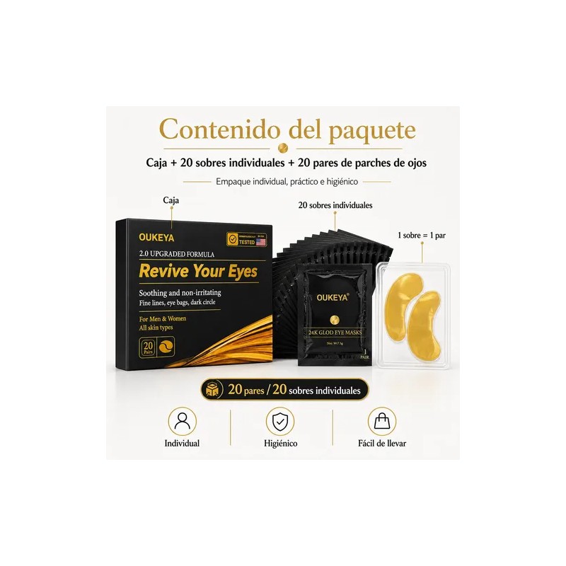 Mascarillas Ojos Oro 24k Hidratantes Ojeras 20 Pares