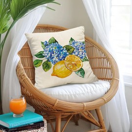 Tikeciti Spring Summer Lemon Pillow Covers Blue Hydrangea 18 x 18 Inch Throw Pillows, Hello Sunshine Decorative Farmhouse Cushion Case for Sofa Couch Set of 4