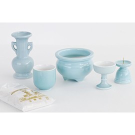 Yamako Japanese Buddhist Altar Set, Celadon, Blue Background, Pottery 5 Pieces + Incense Burner Ash, Momotaro Match, Modern Mini Buddhist Altar, Bon Festival, Higashigan, Grave Visitors