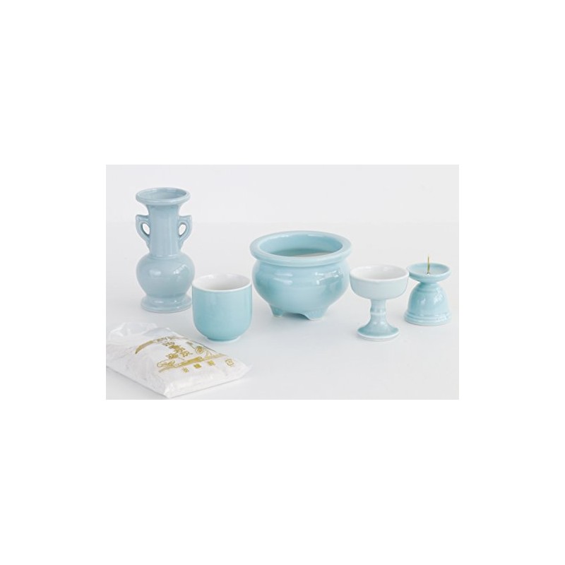 Yamako Japanese Buddhist Altar Set, Celadon, Blue Background, Pottery 5