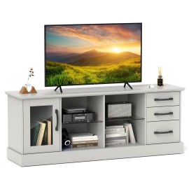 Costway 63" Media Console Table w/3 Drawers 2 Glass Shelves Cable Holes for Living Room
