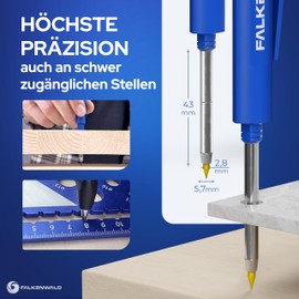 FALKENWALD® Deep Hole Marker Pencil [+ 7 Leads + Sharpener + Writing Handle] - Carpenter's Pencil for Marking on Stone Wood Metal Concrete - Construction Site Pencil - Carpenter's Tool