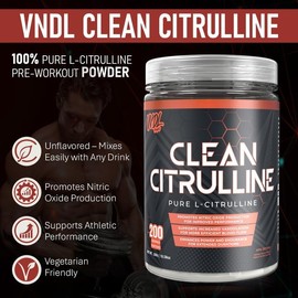 VNDL Clean Citrulline - 100% Pure L-Citrulline Pre Workout Powder to Promote Nitric Oxide Production - Unflavoured, 200 Servings (300g)