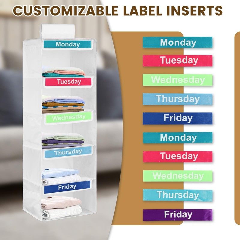 Weekly Clothes Organizer for Kids - 5 Shelf Hanging Closet