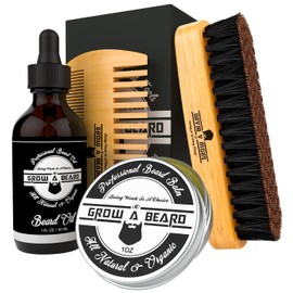 Beard Brush, Comb, Balm, Oil Grooming And Conditioner Beard Care For Men - Best Facial Hair Combo For Home And Travel - Ideal For Dry or Wet And All S