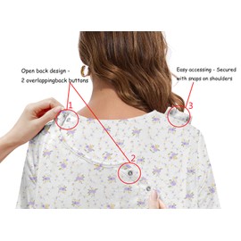 AVIIER Hospital Gowns for Women Open Back Tear Away Snaps 100% Cotton Nightgown Post Shoulder Surgery Dress Adaptive Clothing, White Purple Flower, Medium