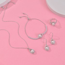 DHQH - Juego de joyas de boda para dama de honor, collar de perlas y arete, anillo para dama de honor, joyería de fiesta para mujeres, Cobre, Circonita cúbica