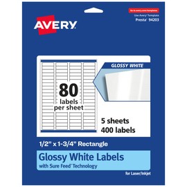 Avery Rectangle Labels, Sure Feed Technology, 0.5" x 1.75", 400 Glossy White Labels (36445)
