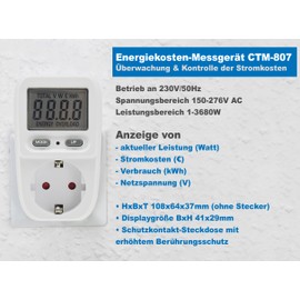 Energy Cost Meter Electricity Cost Meter Energy Cost Meter for Socket 230 V – Consumption Meter up to 3600 Watt Tariff Adjustable – Pack of 2 White