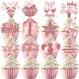 48 PCS Pink Rose Gold Cupcake Toppers – Perfect for Rose Gold Party Decorations, Birthday Themes, and Elegant Celebrations