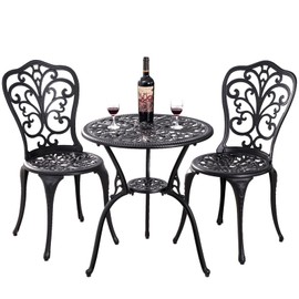 Withniture Bistro Set 3 Piece Outdoor, Cast Aluminum Bistro Table Set All Weather Patio Bistro Sets Furniture with Umbrella Hole for Front Porch, Patio, Balcony (Butterfly, Black)