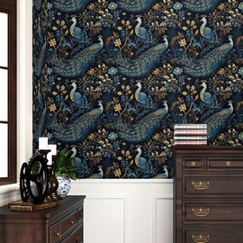 REDAMANCY Gold/Yellow/Blue Peacock Animal Plants Dark Black Peel and Stick Wallpaper Stick on Contact Paper Vintage Wall Paper Easy Peel Off for nightstand Drawer Cabinet Renter