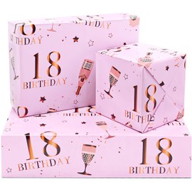 ADQUATOR Geschenkpapierbögen zum 18. Geburtstag, 50 x 70 cm, Roségold und Rosa, Happy Birthday, Geschenkpapier für Frauen und Damen (5 Blatt)