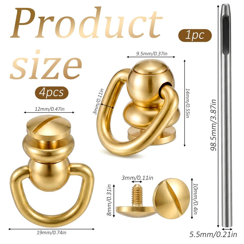 4 PCS Heavy Duty D Rings for Purse, Brass Ball