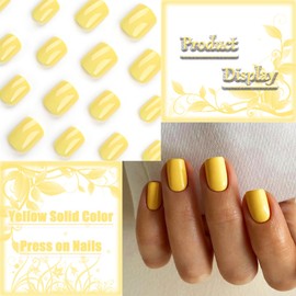 24Pcs Yellow Short Square Press on Nails With Solid Color Design, Glossy False Gel Glue on Nails, Manicure Art Acrylic Fake Stick on for Coquette Women Girls