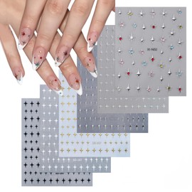 Star Nail Art Stickers Decals 3D Rhinestone Laser Silver Gold Black White Star Nail Stickers for Nail Art Summer Nail Design Kit Nail Accessories Self-Adhesive DIY Acrylic Nail Art Supplies 6Sheet