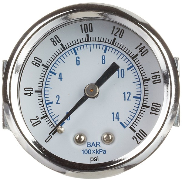 PIC Gauge 103D-208E 2" Dial, 0/100 psi Range, 1/8" Male NPT Connection Size, U-Clamp Panel Mount Dry Pressure Gauge with a Chrome Plated Steel Case, Brass Internals, Chrome Bezel and Plastic Lens