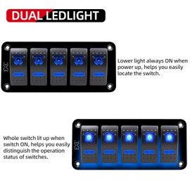 FXC Rocker Switch Aluminum Panel 5 Gang Toggle Switches Dash 5 Pin ON/Off 2 LED Backlit for Boat Car Marine Blue