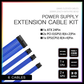 ASTRAL COOLER PSU Cable Extension Kit,Easy Management Power Supply Sleeved Cable,18AWG 24Pin ATX/ 2x8 Pin EPS/+8Pin PCI-E with Cable Combs, Black Connector(Blue)