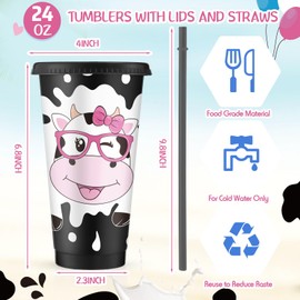 Sweetude 24 Pcs Cow Print Plastic Cups with Lid and Straw 24oz Reusable Plastic Cow Print Party Decorations for Women, Farm Animal Decorations