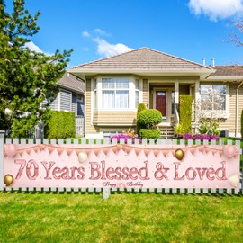 Labakita 70 Years Blessed and Loved Banner, Large Happy 70th Birthday Banner, Mom Grandma’s 70th Birthday Decorations, Women's 70th Banner, Women 70 Years Old Yard Lawn Sign, Rose Gold